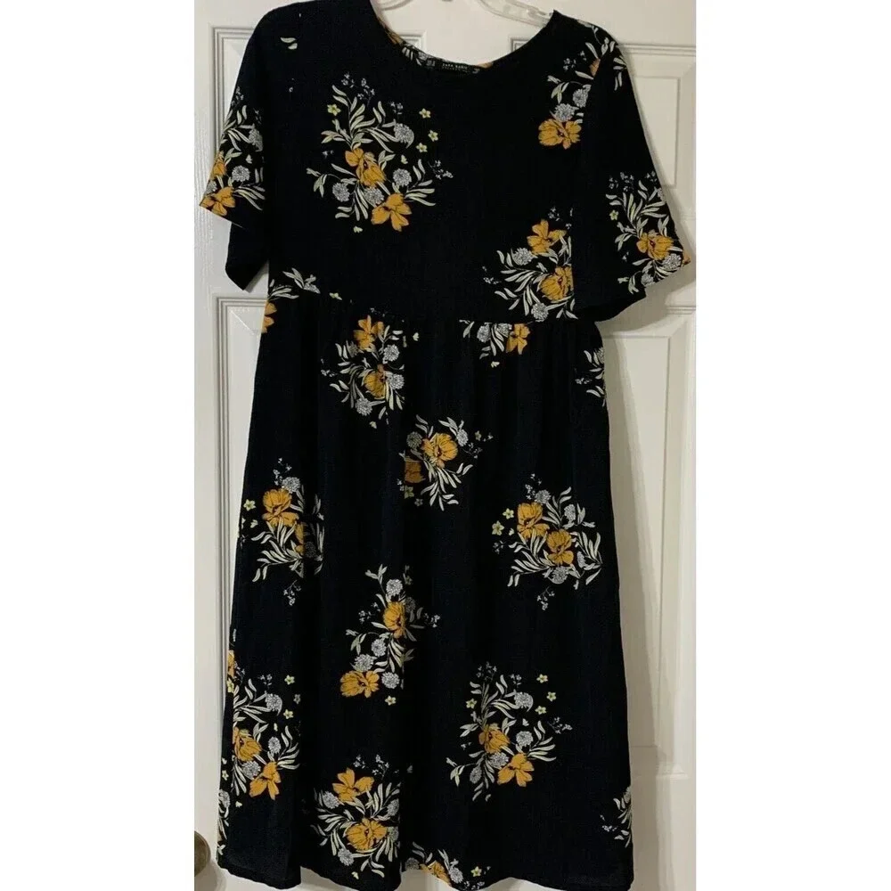 ZARA Floral Lace Up Back‎ Midi Dress ShortSleeves Medium Black Yellow